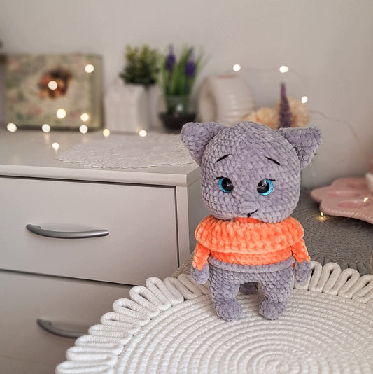 Kitten in a Sweater Plush Toy, Handmade Crochet, 21 cm