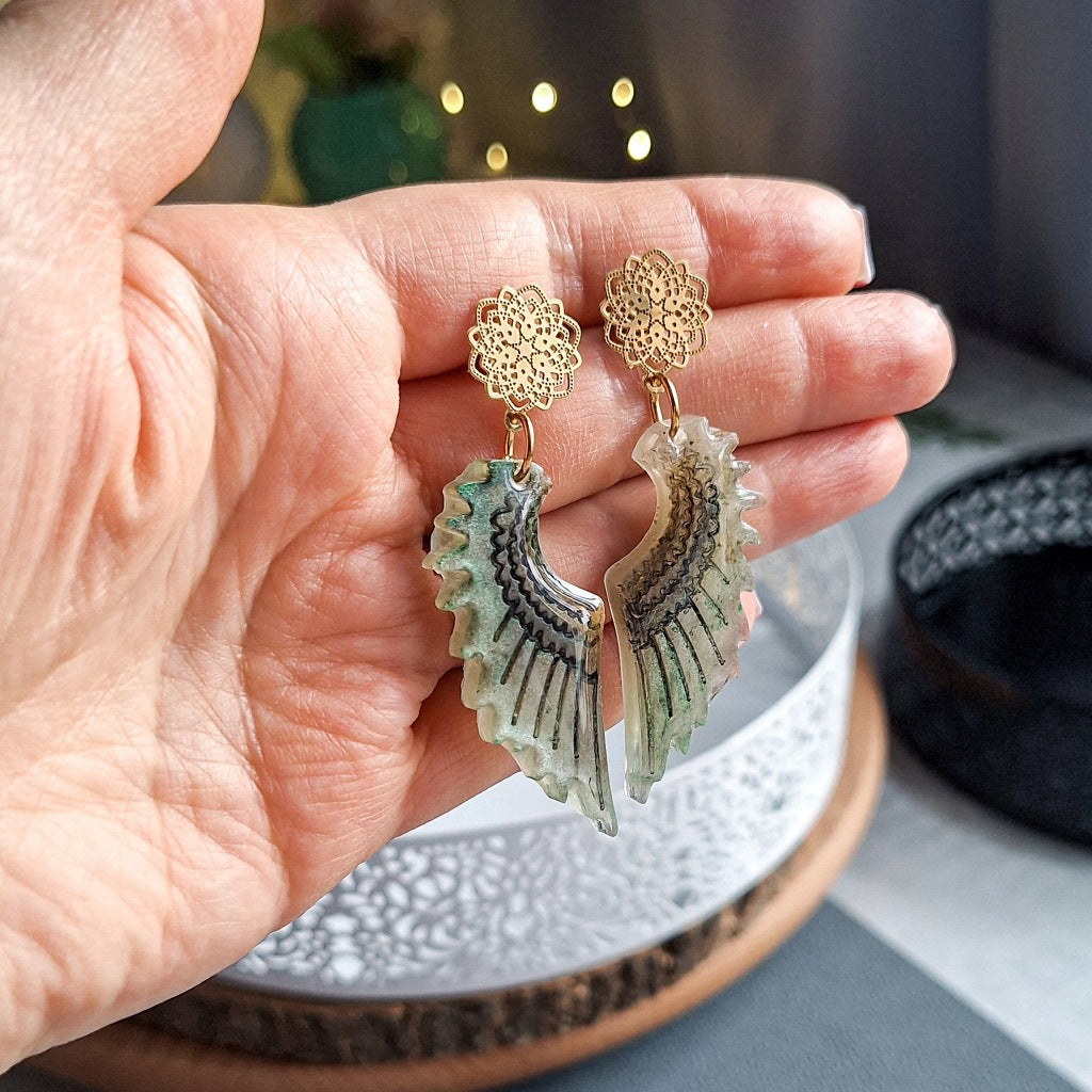 Angel Wings Earrings, Epoxy Resin, Surgical Steel