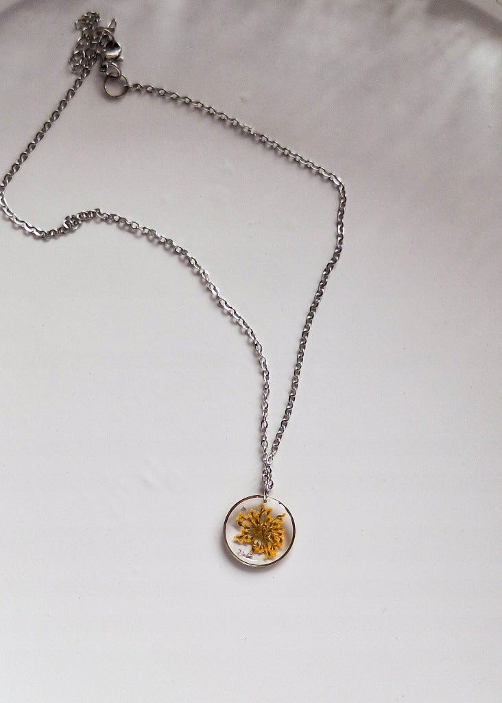 Yellow Flower Resin Necklace, 2 cm, Surgical Steel, Handmade