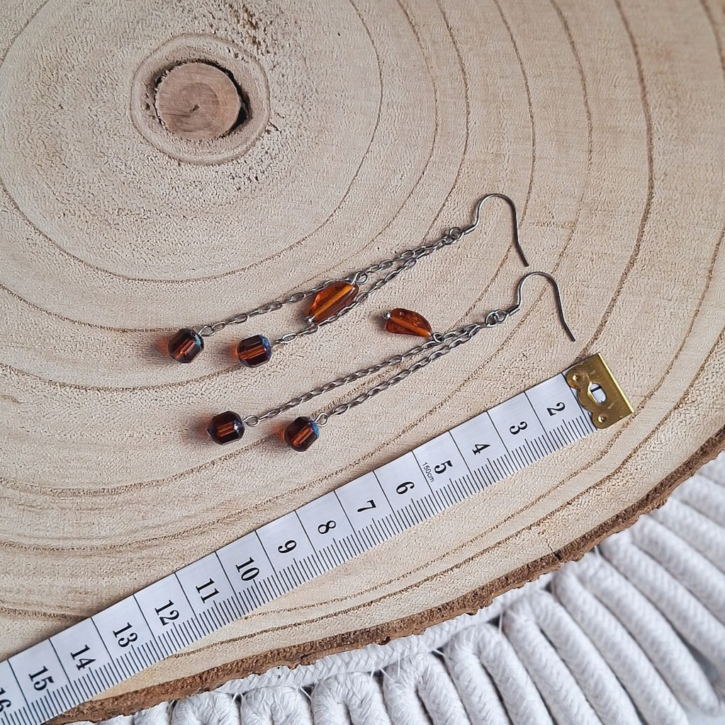 Long Chain Earrings with Amber, Surgical Steel, Elegant