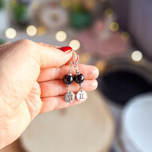 Gemini Earrings, Black Agate, Surgical Steel, Handmade