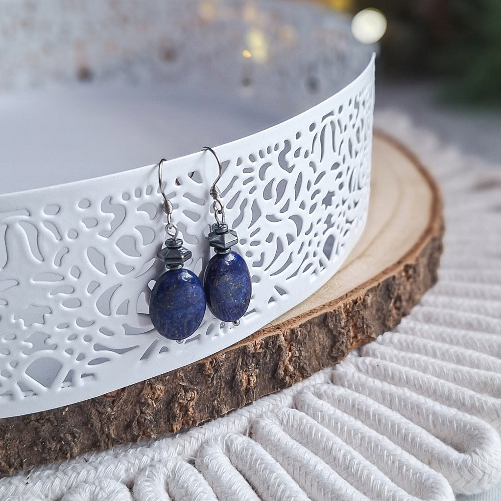 Lapis Lazuli and Hematite Earrings, Surgical Steel, Elegant