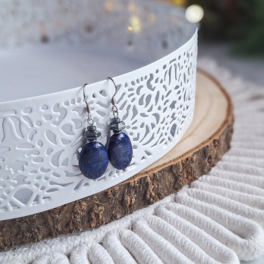 Lapis Lazuli and Hematite Earrings, Surgical Steel, Elegant