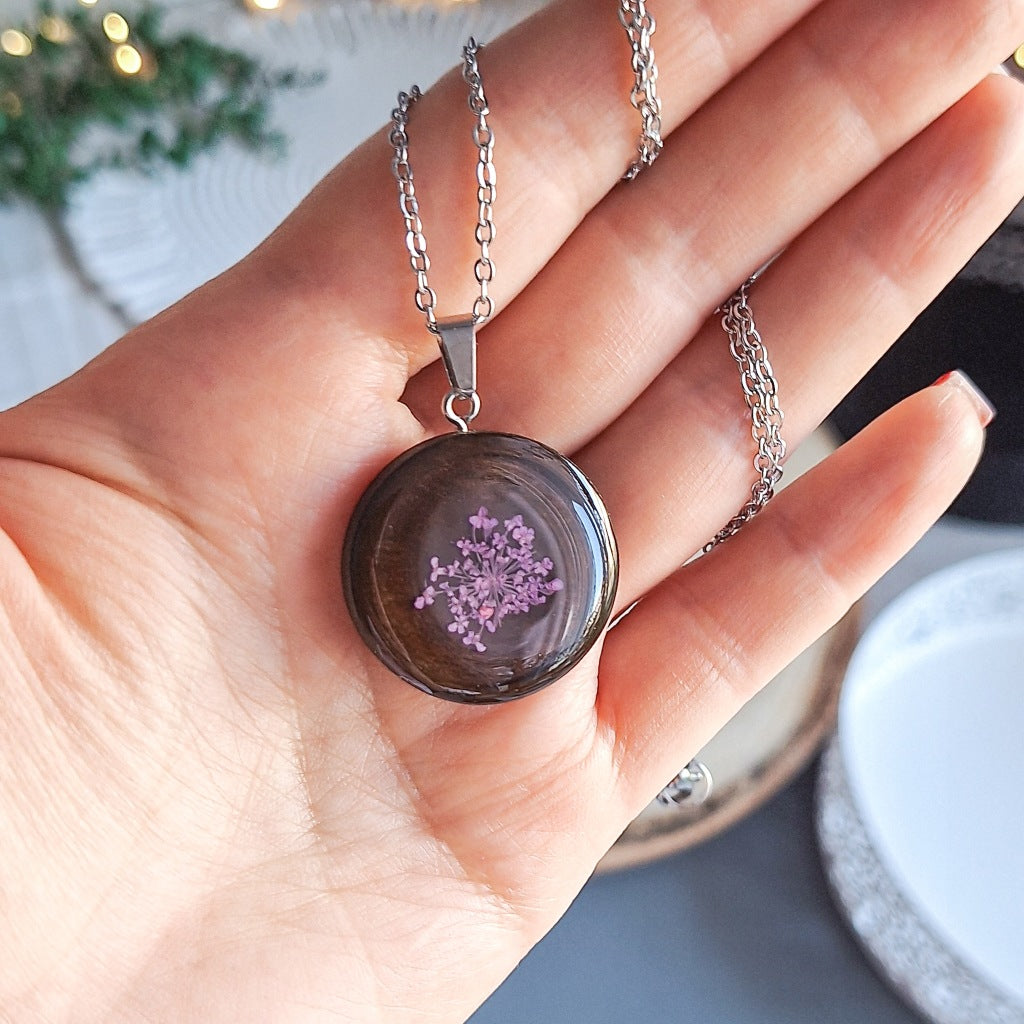Purple Flower Resin Necklace, Surgical Steel