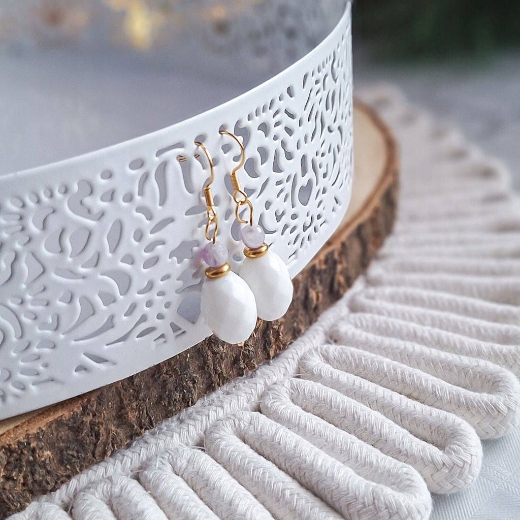 White Agate and Amethyst Earrings, Surgical Steel, Elegant