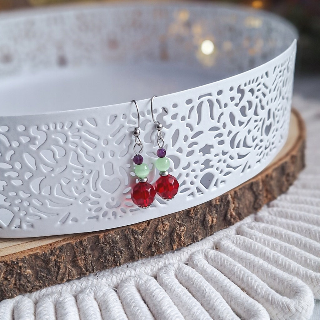 Amethyst, Cat's Eye and Red Glass Earrings, Surgical Steel