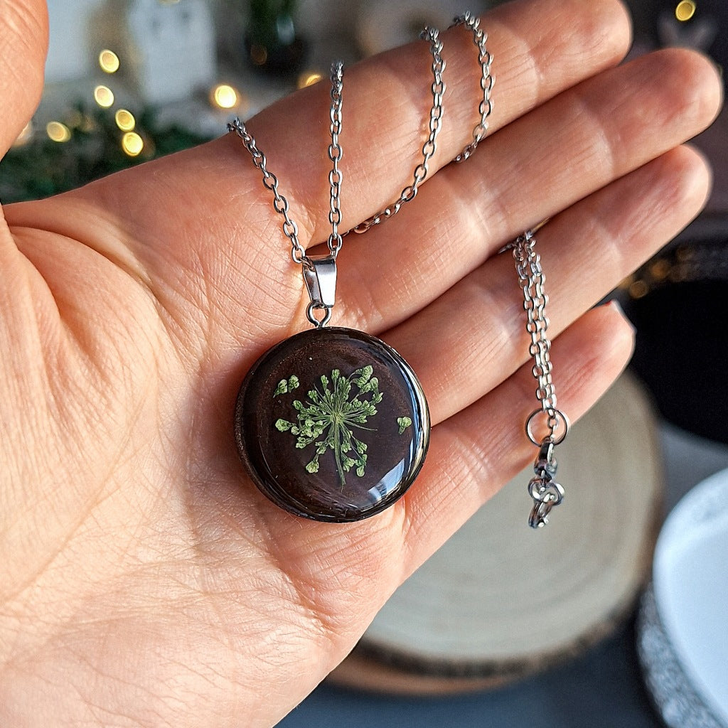 Green Flower Resin Necklace, Surgical Steel