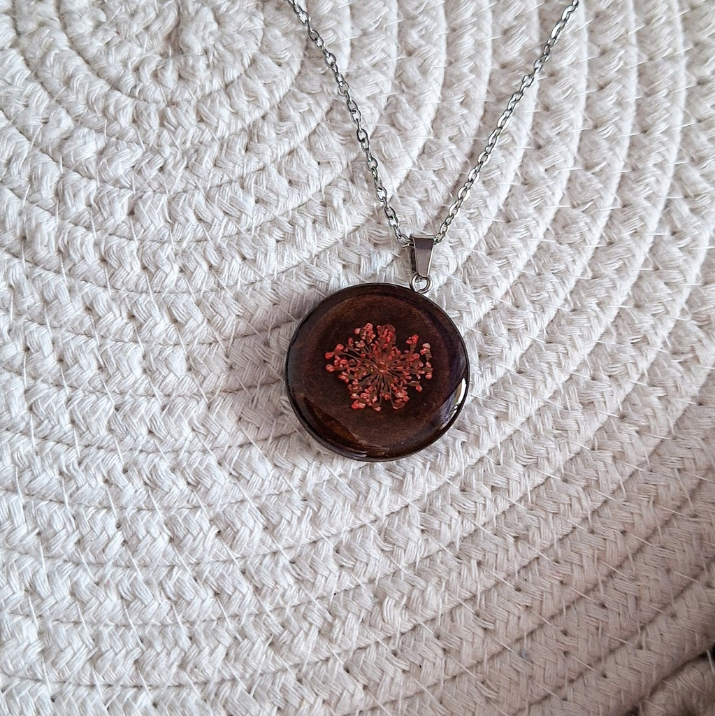 Dark Pink Flower Resin Necklace, Surgical Steel