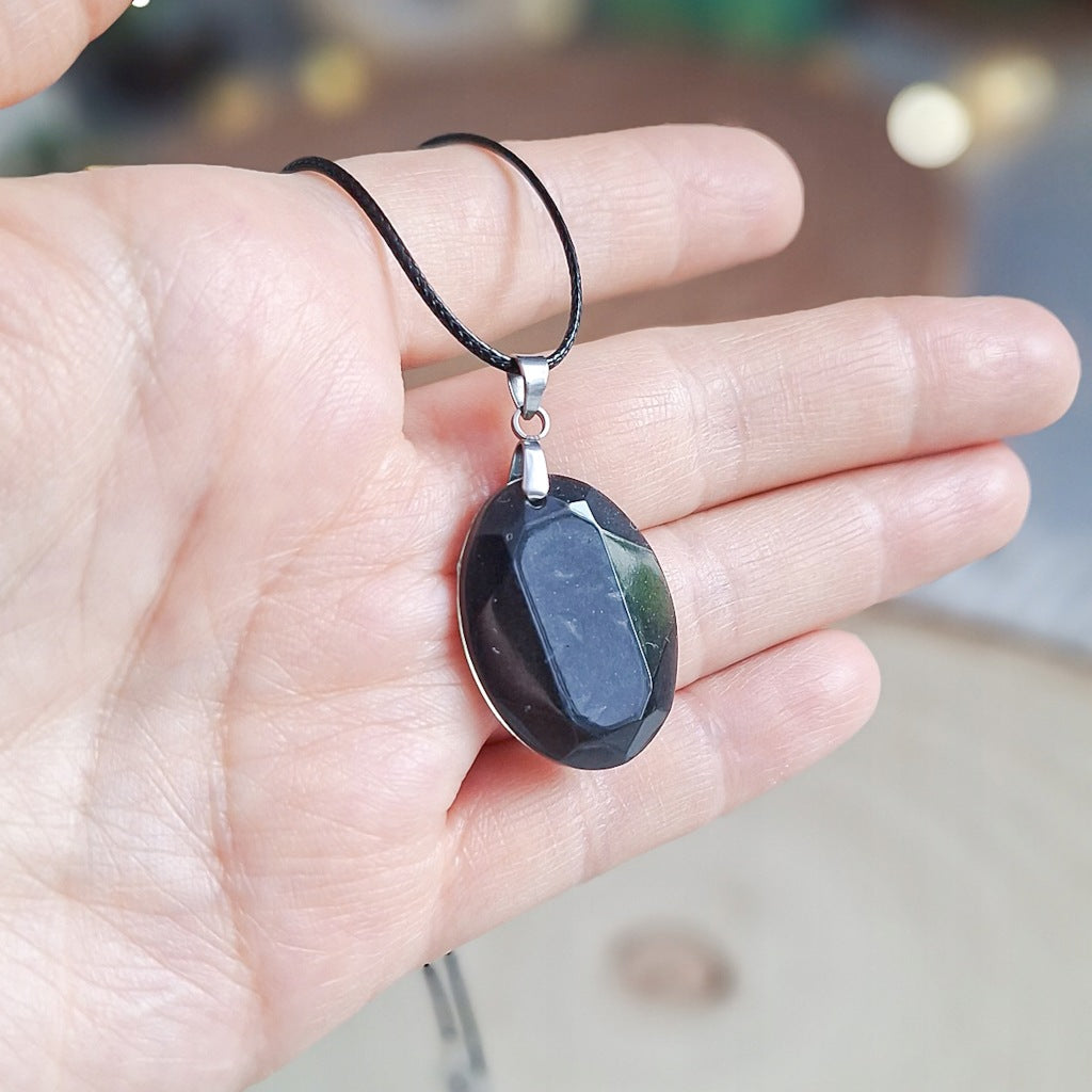 Black Oval Epoxy Resin Necklace, Handmade, 38 cm