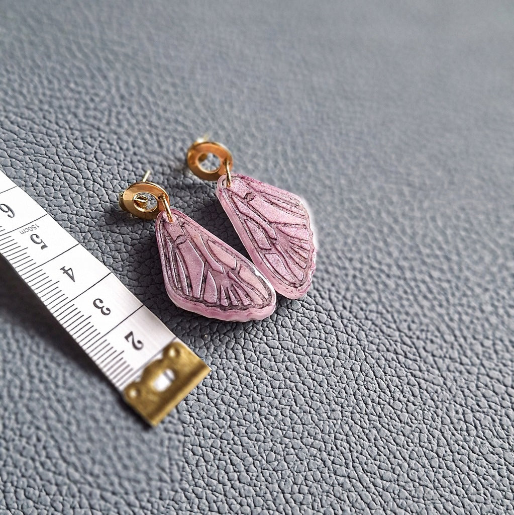 Butterfly Wings Earrings, Pink Epoxy Resin, Steel
