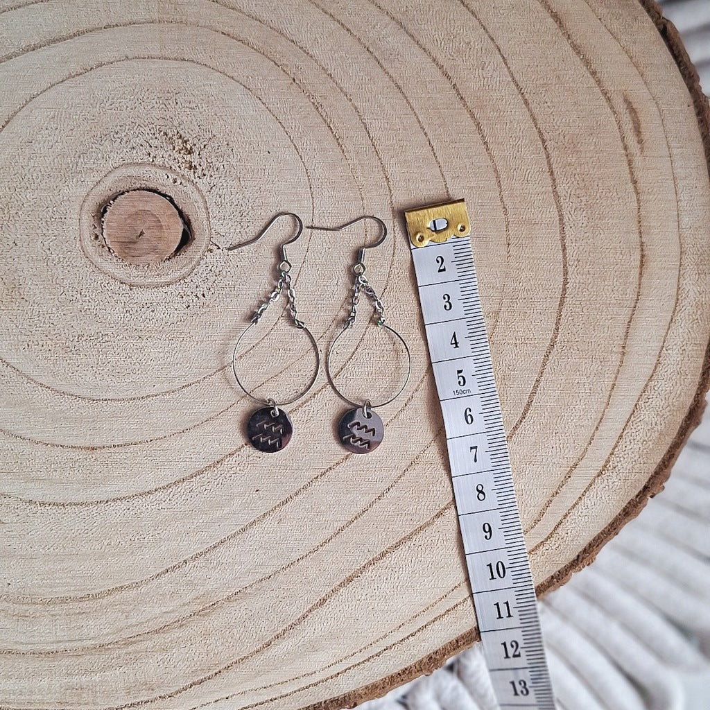 Aquarius Zodiac Sign Earrings, Surgical Steel, Dangle