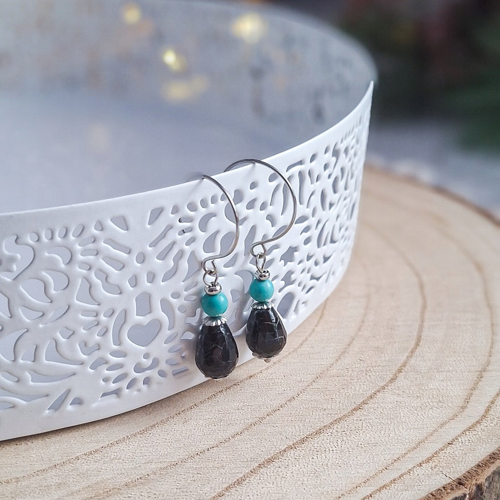 Crackle Agate and Turquoise Howlite Drop Earrings, Surgical Steel
