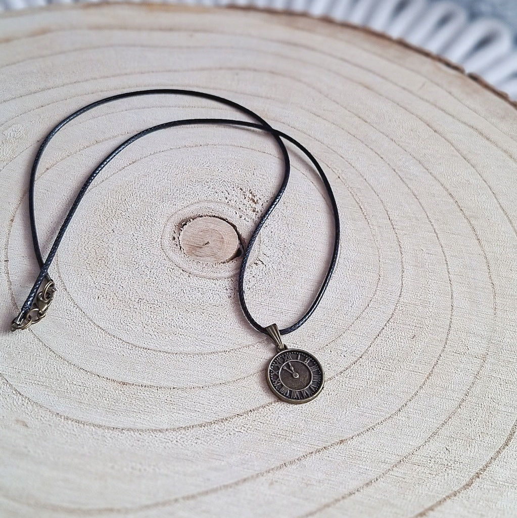 Vintage Clock Necklace, Retro Bronze Pendant on a Cord, 50 cm