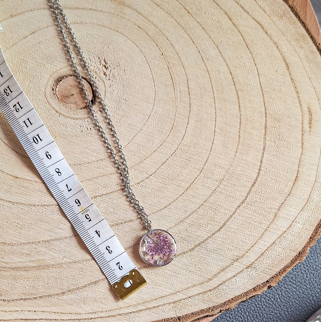 Real Flower Resin Necklace, 2 cm, Surgical Steel, Handmade
