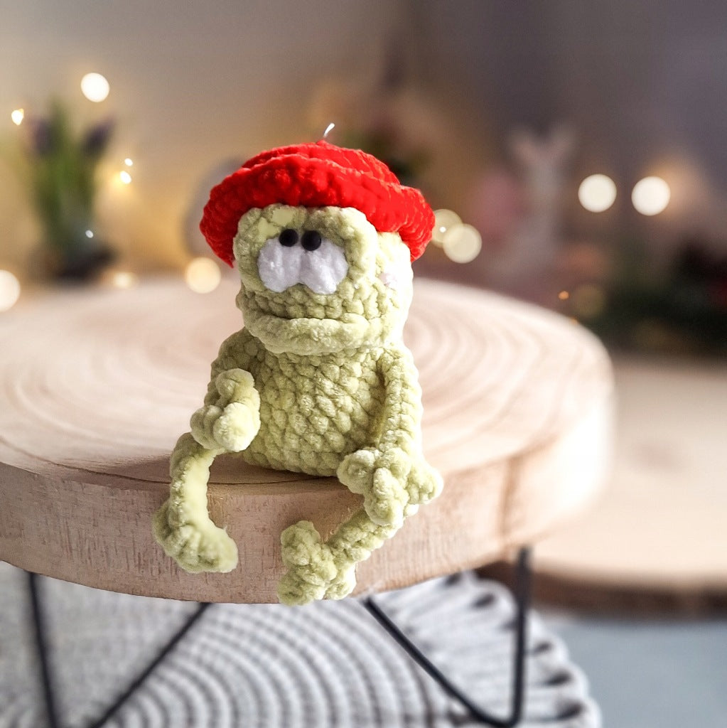 Frog Keychain in a Red Hat, Handmade Crochet