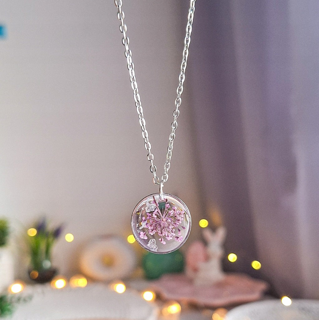 Real Flower Resin Necklace, 2 cm, Surgical Steel, Handmade