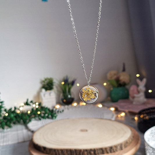 Yellow Flower Resin Necklace, 2 cm, Surgical Steel, Handmade