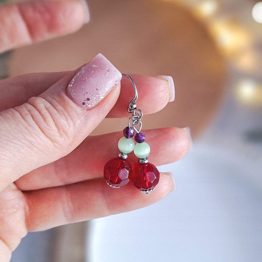 Amethyst, Cat's Eye and Red Glass Earrings, Surgical Steel