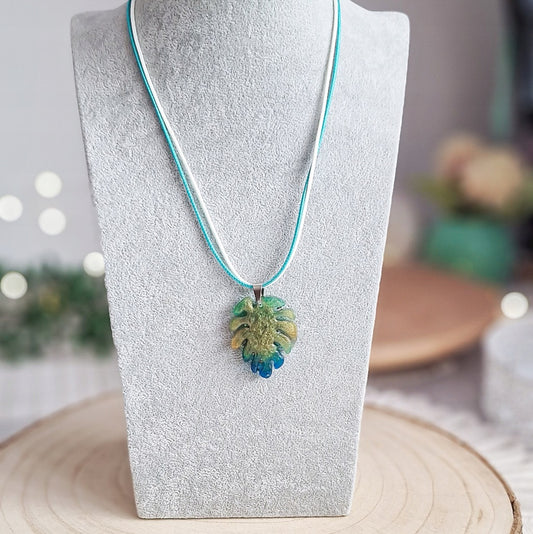 Monstera Leaf Necklace, Blue-Gold, Handmade, 46 cm
