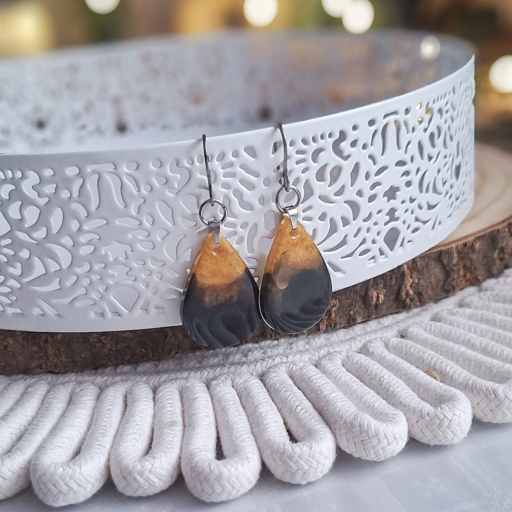 Geometric Black-Brown Epoxy Resin Earrings, Surgical Steel