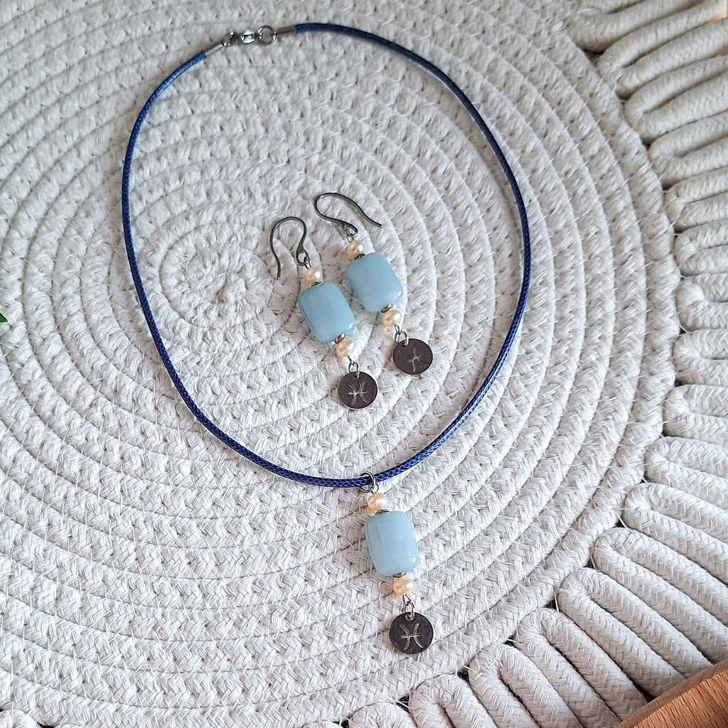 Pisces Zodiac Sign Set, Aquamarine and Pearls, Necklace and Earrings