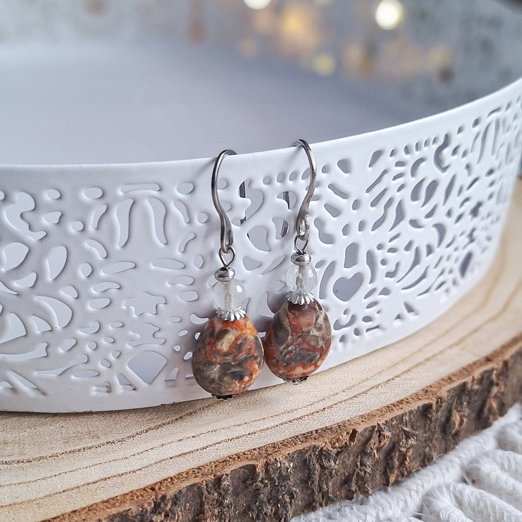 Jasper Drop Earrings with Rutile Quartz, Natural Stone, Steel, 4 cm