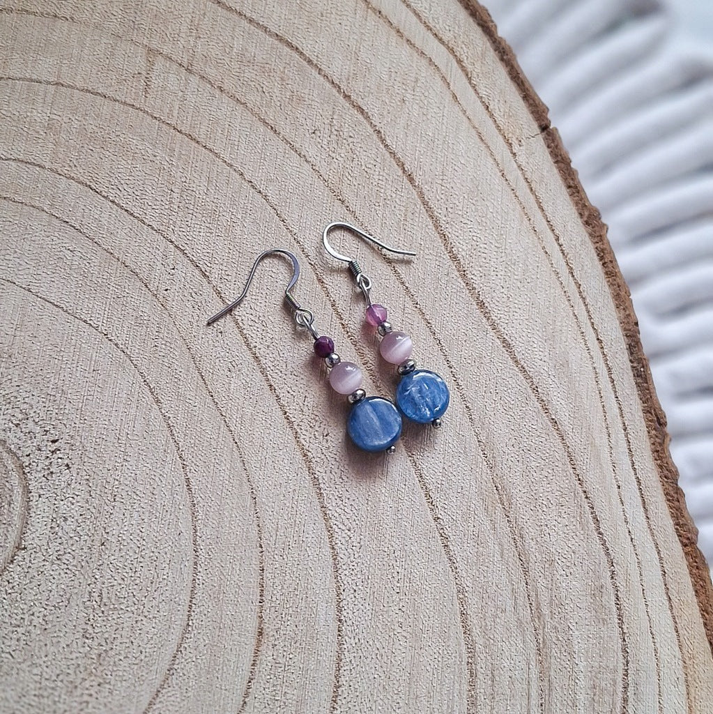 Kyanite, Amethyst and Cat's Eye Earrings, Surgical Steel, Pastel