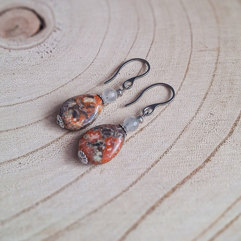 Jasper Drop Earrings with Rutile Quartz, Natural Stone, Steel, 4 cm