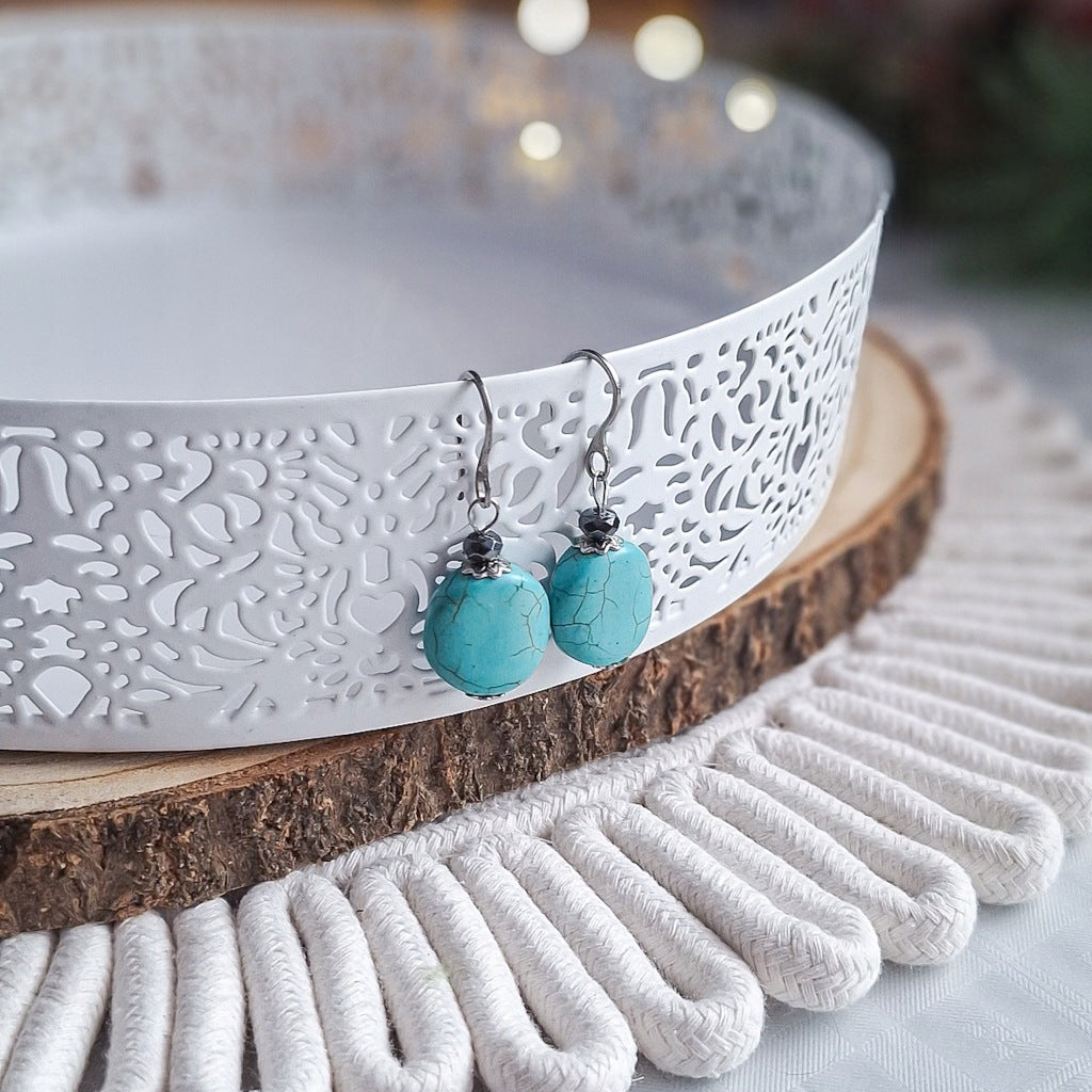 Turquoise Howlite and Hematite Earrings, Surgical Steel, Handmade