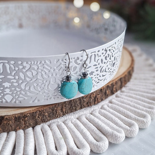 Turquoise Howlite and Hematite Earrings, Surgical Steel, Handmade