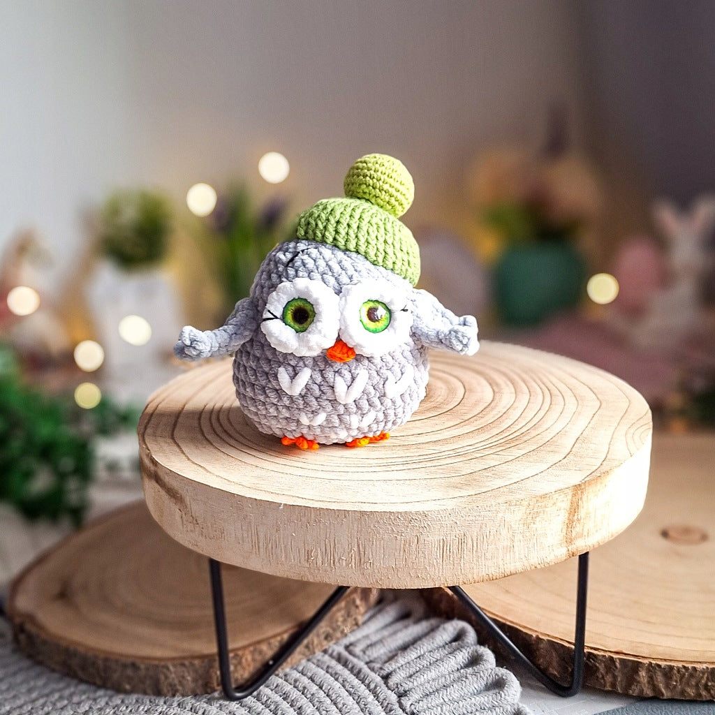 Crochet Owl, 15 cm, Green Hat, Handmade Gift