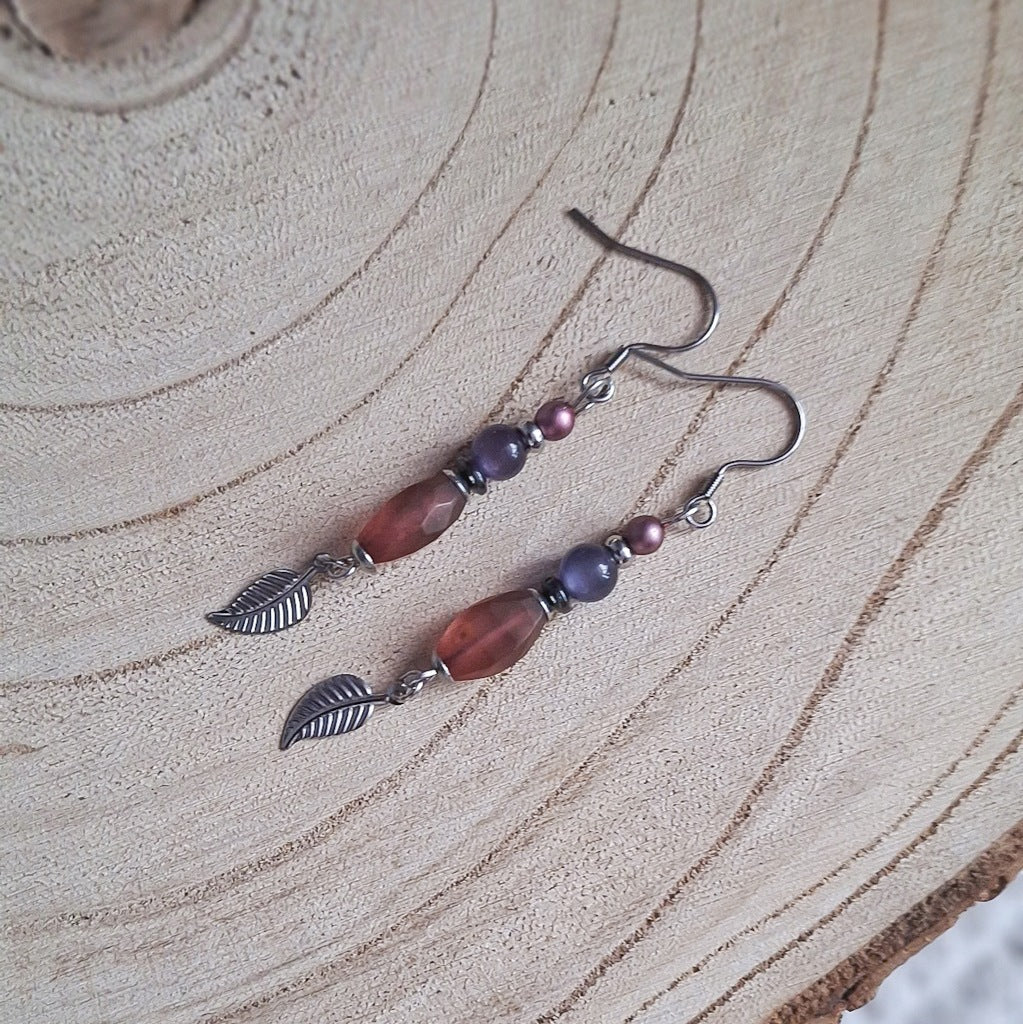 Long Czech Glass and Cat's Eye Earrings, Surgical Steel