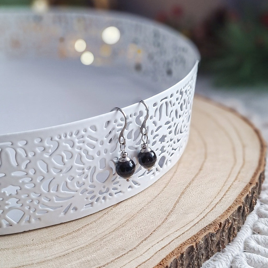 Black Agate Ball Earrings with Hematite, Surgical Steel