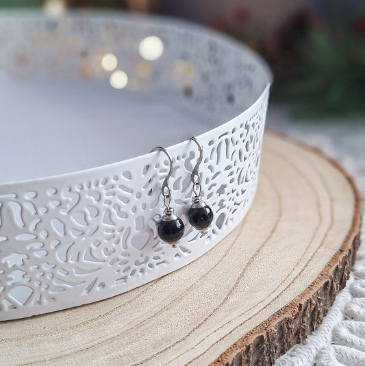 Black Agate Ball Earrings with Hematite, Surgical Steel