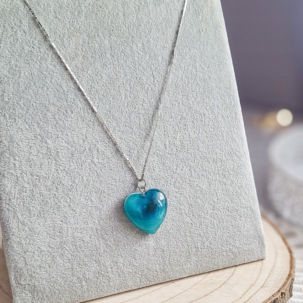 Blue Heart Epoxy Resin Necklace, Handmade, Surgical Steel