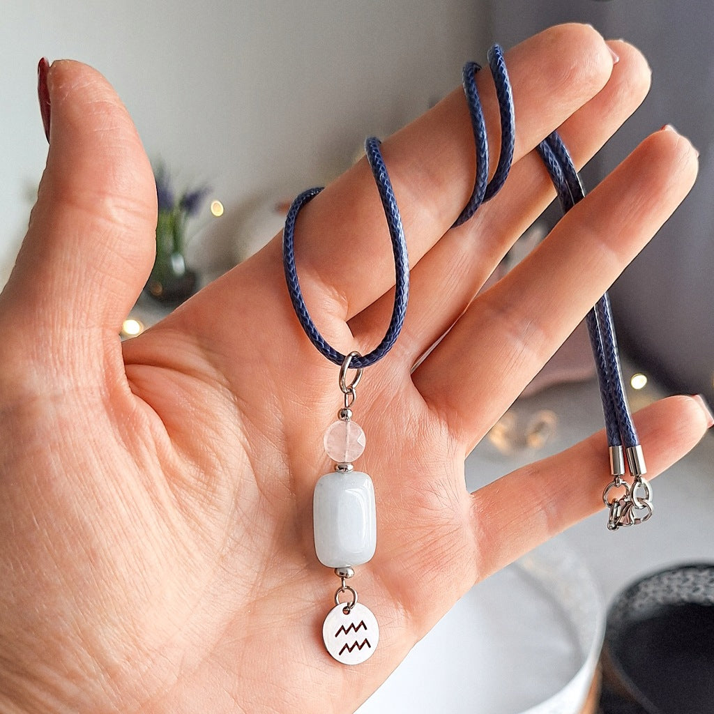 Aquarius Zodiac Necklace, Aquamarine and Rose Quartz, Handmade