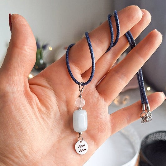 Aquarius Zodiac Necklace, Aquamarine and Rose Quartz, Handmade
