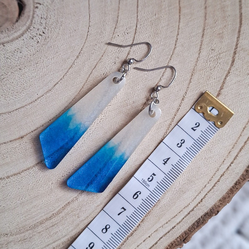 Long Geometric Earrings, White-Blue Epoxy Resin, Steel