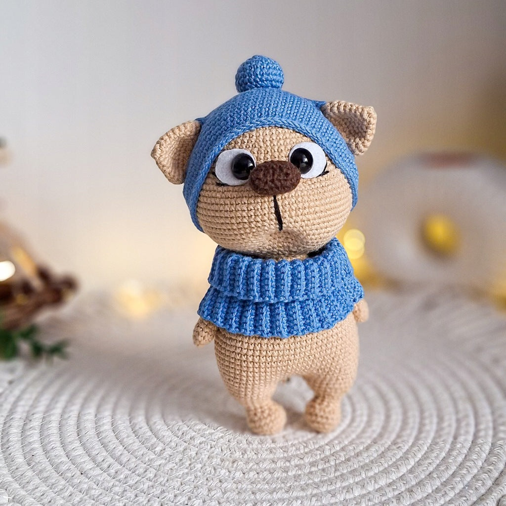 Crochet Cat Plush Toy, 20 cm, Handmade, Removable Hat and Chimney