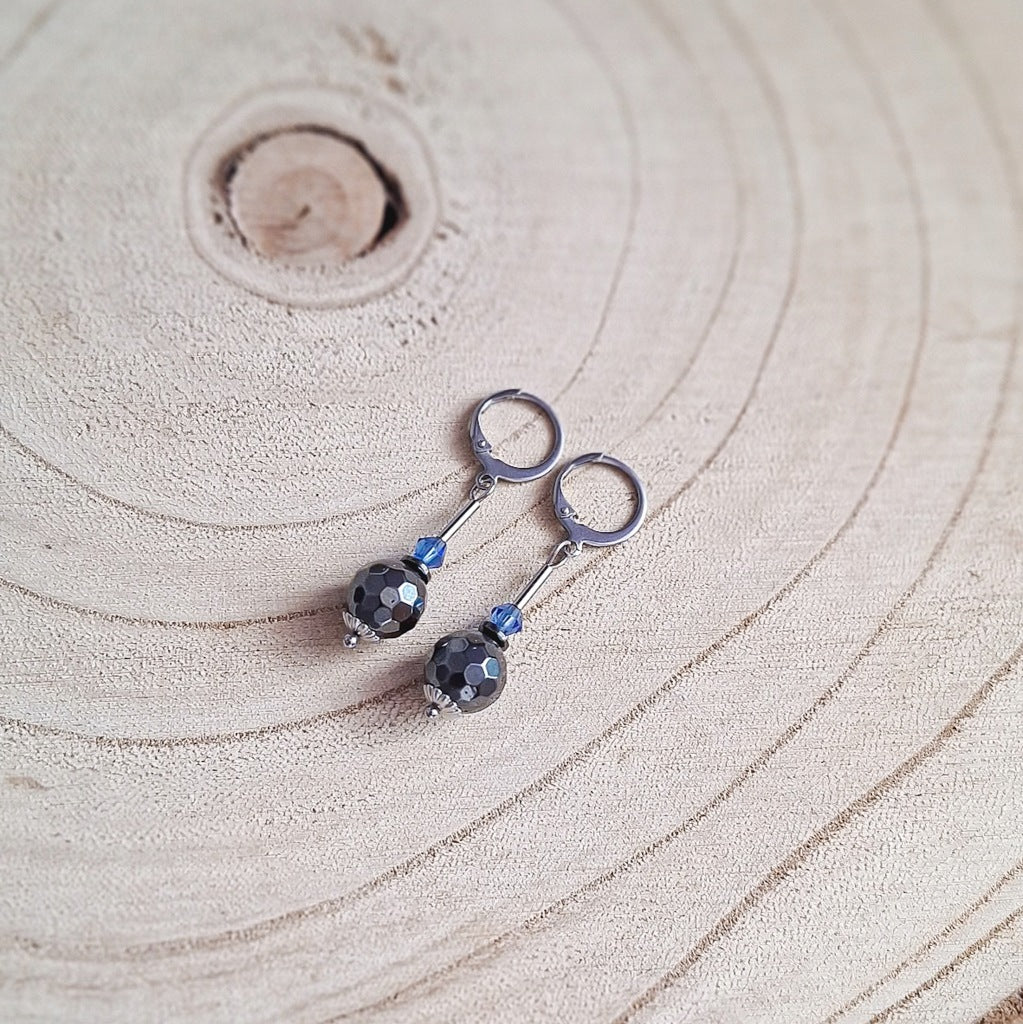 Hematite Ball Earrings with Beads, Surgical Steel, Dangle