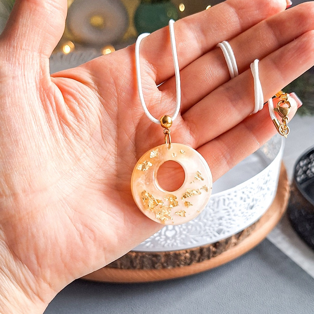 Handmade Circle Necklace, White-Gold Epoxy Resin, Reversible