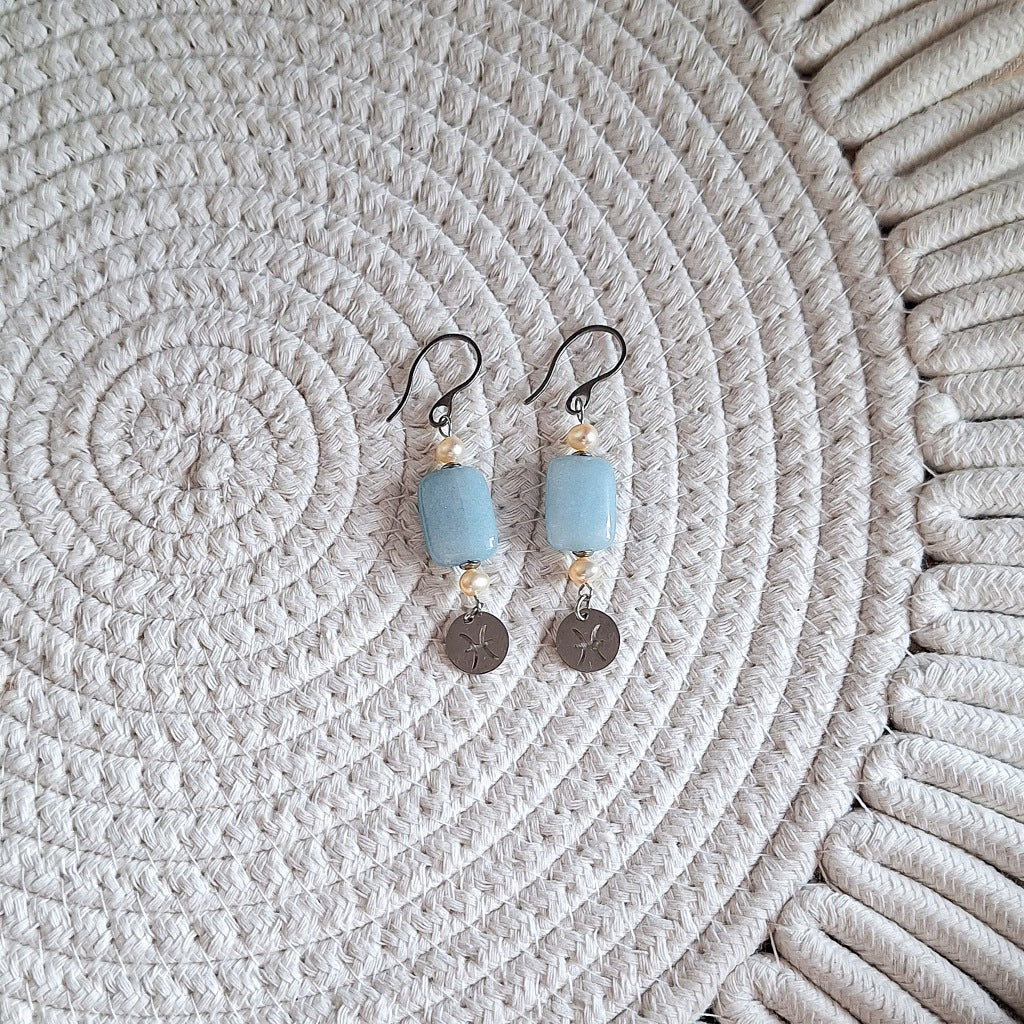 Pisces Zodiac Sign Set, Aquamarine and Pearls, Necklace and Earrings
