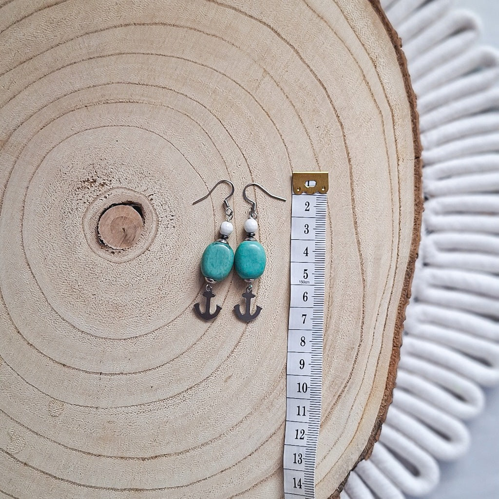 Turquoise Howlite Anchor Earrings, Surgical Steel, Nautical