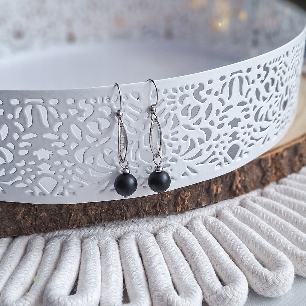 Matte Black Agate Earrings, Surgical Steel, Geometric