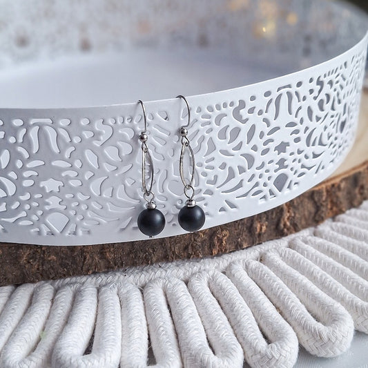 Matte Black Agate Earrings, Surgical Steel, Geometric