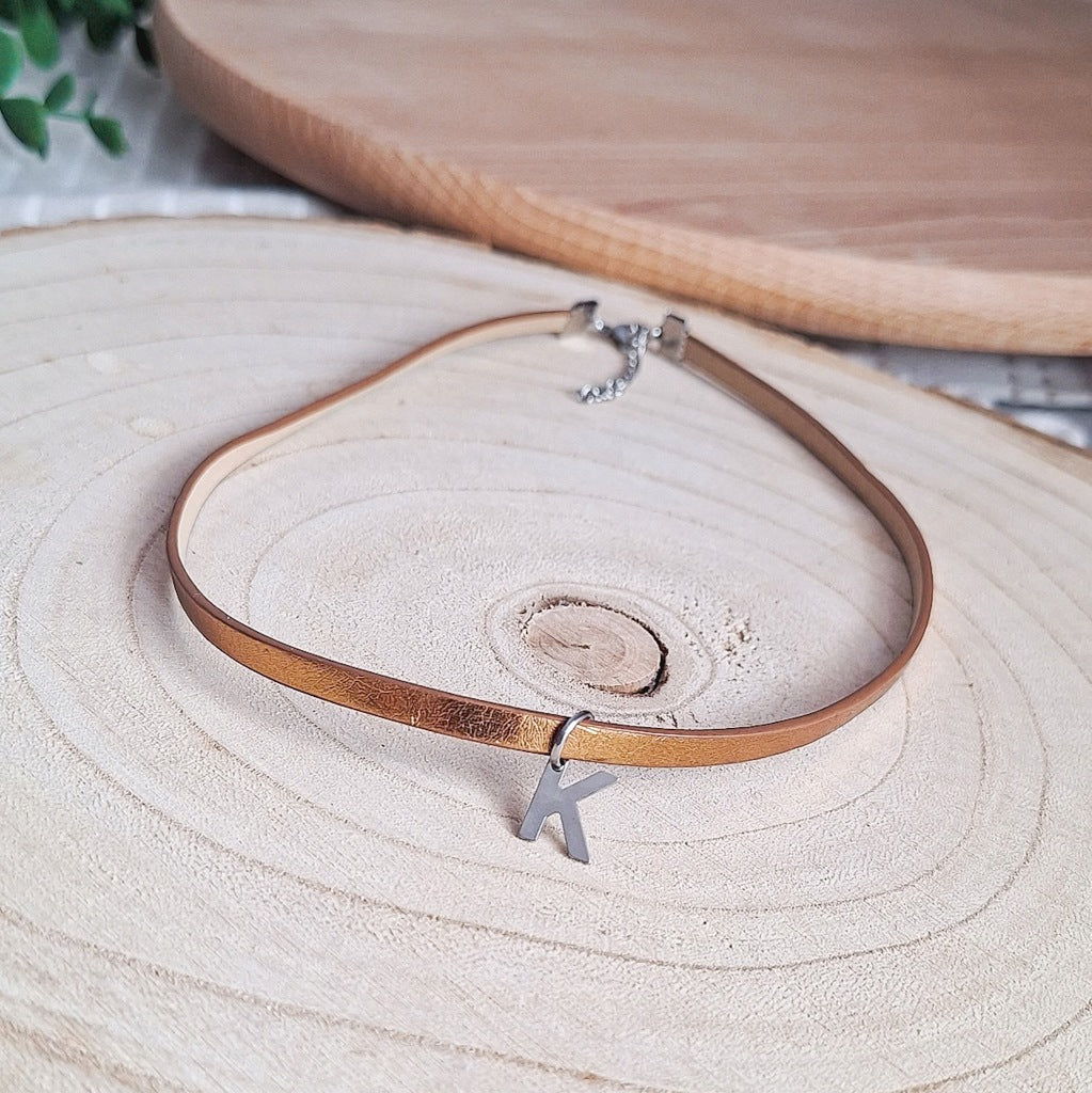 Letter K Choker, Personalized Necklace, Eco-Leather, Surgical Steel