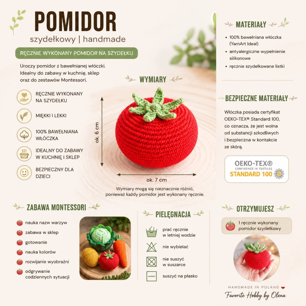 Crochet Tomato, Handmade Montessori Vegetable, Cotton, 7 cm