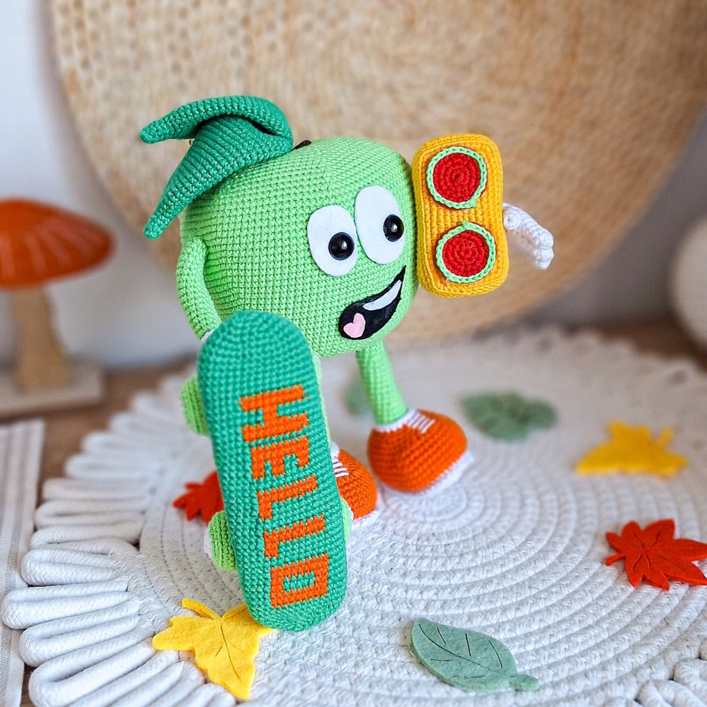 Crochet Green Apple on a Skateboard, 22 cm, Handmade Toy