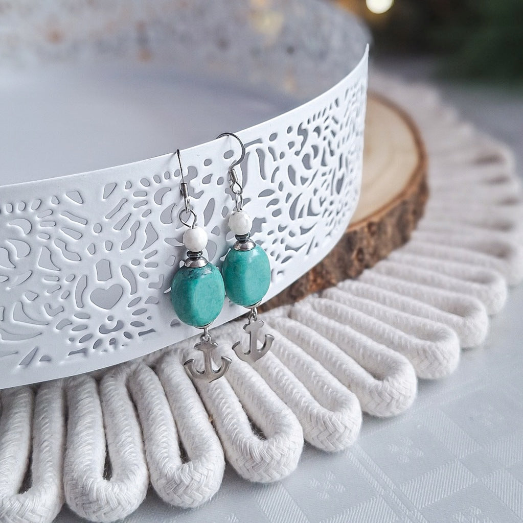 Turquoise Howlite Anchor Earrings, Surgical Steel, Nautical