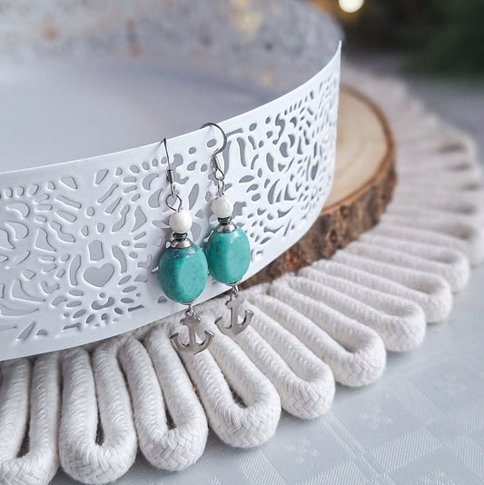 Turquoise Howlite Anchor Earrings, Surgical Steel, Nautical